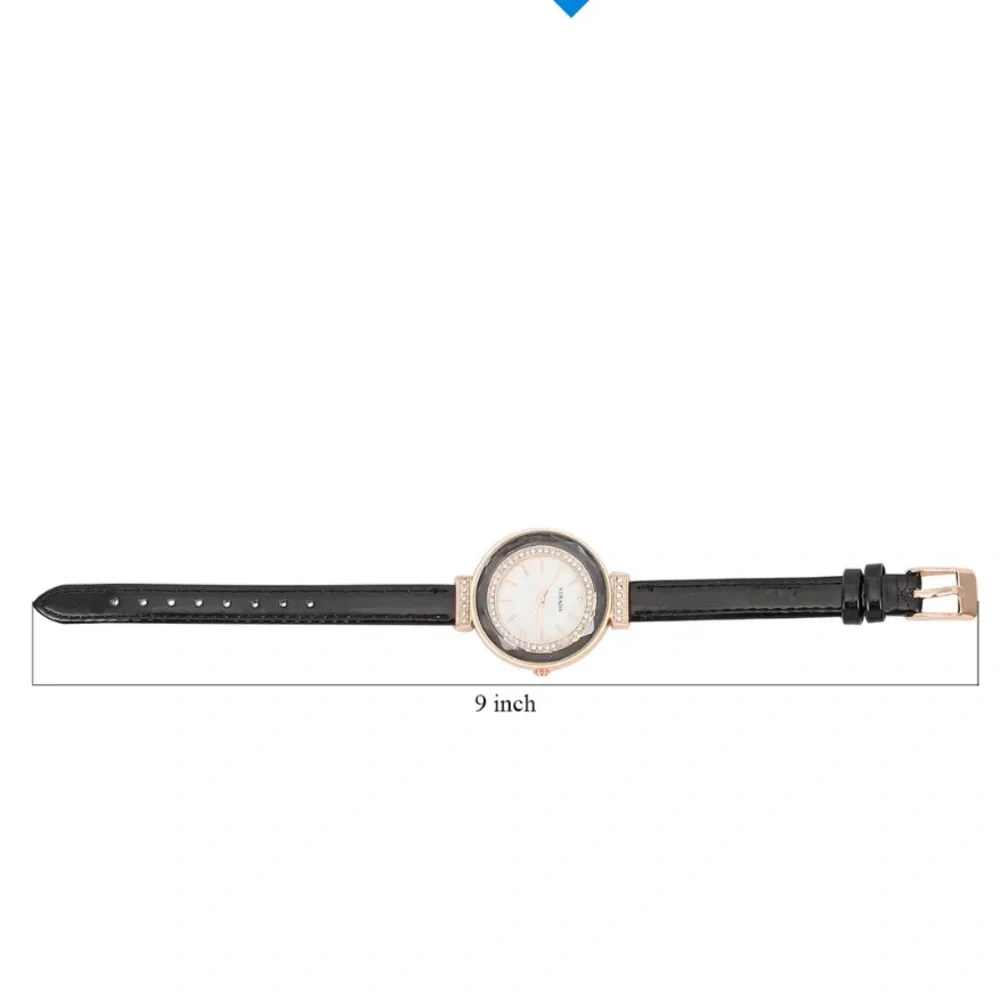 Austrian Crystal, Enameled Japanese Movement Watch. Black Faux Leather Band